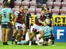 Oliver Gildart celebrates one of his two tries