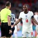 Raheem Sterling protests to the referee during the England v Scotland Euros clash at Wembley