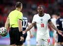Raheem Sterling protests to the referee during the England v Scotland Euros clash at Wembley