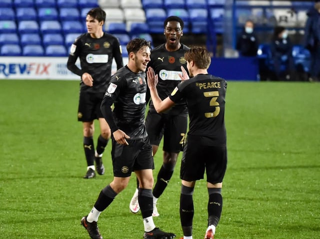 Harry McHugh scores his first senior goal at Tranmere last November