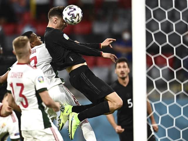 Kai Havertz of Chelsea scores Germany's first goal in the draw with Hungary which secured their Euro 2020 date with England next week