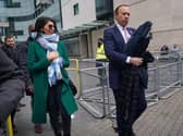 Health Secretary Matt Hancock with adviser Gina Coladangelo (left) outside BBC Broadcasting House in London