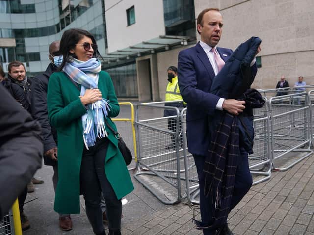 Health Secretary Matt Hancock with adviser Gina Coladangelo (left) outside BBC Broadcasting House in London