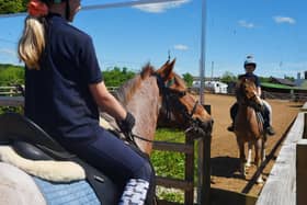 Ursula Morris, 10, on her pony Skippy, in the paddock with mirrors at Parbold Equestrian Centre