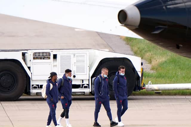 England's (from left) Raheem Sterling, Jadon Sancho, Luke Shaw and Ben Chilwell at Birmingham Airport before flying out to Rome