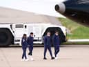 England's (from left) Raheem Sterling, Jadon Sancho, Luke Shaw and Ben Chilwell at Birmingham Airport before flying out to Rome