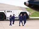 England's (from left) Raheem Sterling, Jadon Sancho, Luke Shaw and Ben Chilwell at Birmingham Airport before flying out to Rome