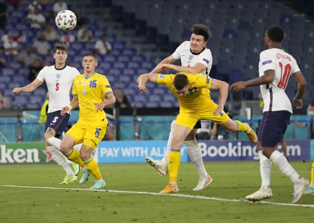 Harry Maguire heads home the Three Lions’ second goal
