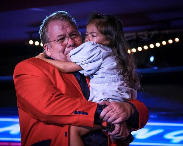 Olivia, four, was in tears as her dad, the resort comic Joey Blower, 58, welcomed her on stage at Viva Blackpool, at the end of his last show before flying abroad for cancer treatment in Prague, on Saturday, July 3, 2021 (Picture: Martin Bostock for The Gazette)