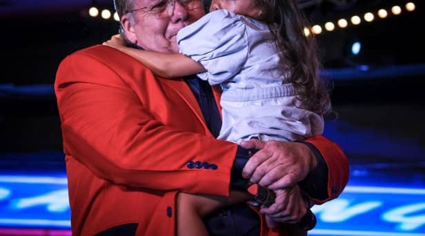 Olivia, four, was in tears as her dad, the resort comic Joey Blower, 58, welcomed her on stage at Viva Blackpool, at the end of his last show before flying abroad for cancer treatment in Prague, on Saturday, July 3, 2021 (Picture: Martin Bostock for The Gazette)