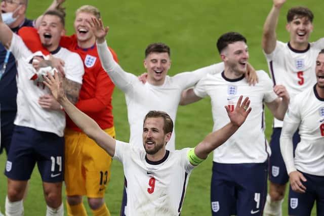 Matchwinner Harry Kane at the centre of the celebrations as England reach their first European Championship final
