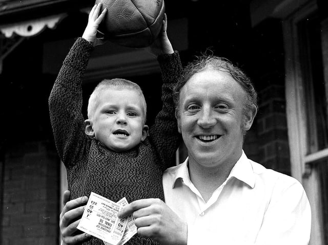 Jackie Edwards with son Shaun, who would become a Wigan RL legend, ready for the Challenge Cup Final game at Wembley Stadium in May 1971
