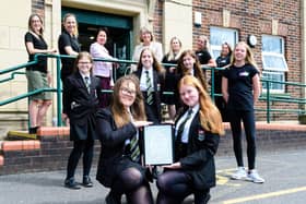 Staff and pupils at Bedford High School with the Artsmark Platinum Award
