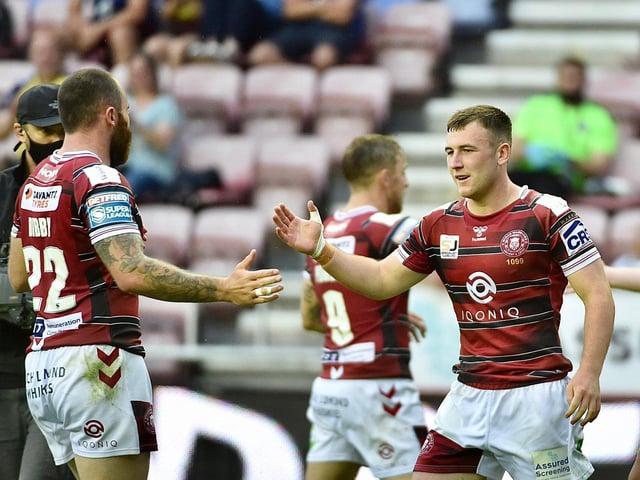 Harry Smith celebrates his try which put Wigan in front