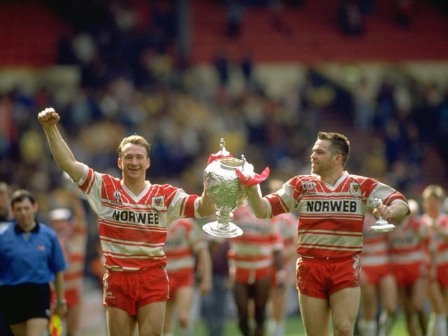 3 May 1992: Dean Bell (left) and Martin Dermot of Wigan celebrate with the trophy after the Challenge Cup final against Castleford at Wembley Stadium in London. Wigan won the match 28-12.
