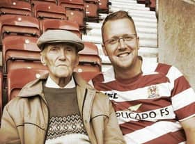 Albert and Tim Liptrot at the DW Stadium and, below, Andrew Duxbury and Tim Liptrot are cycling 100 miles from Wolverhampton to Wigan for charity