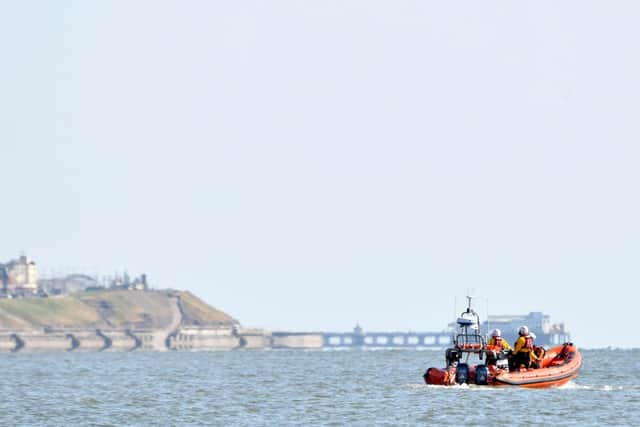 A lifeboat from the RNLI searching the sea off the coast of Rossall on Saturday afternoon, after a 29-year-old holidaymaker from Bolton vanished while playing in the water with friends (Picture: Dave Nelson)