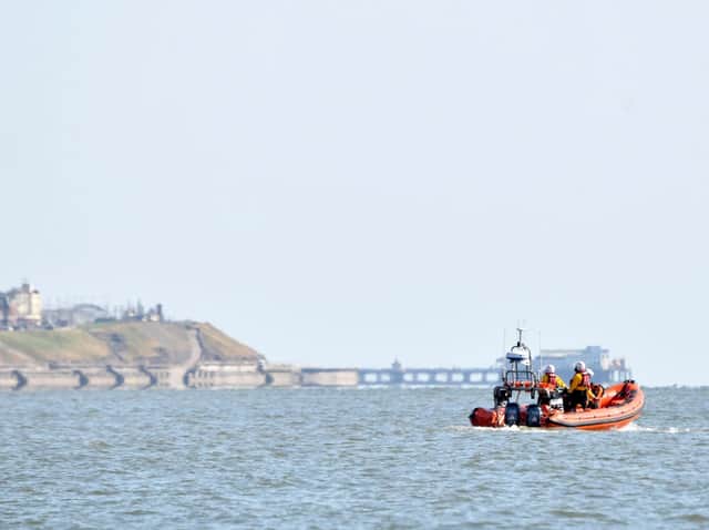 A lifeboat from the RNLI searching the sea off the coast of Rossall on Saturday afternoon, after a 29-year-old holidaymaker from Bolton vanished while playing in the water with friends (Picture: Dave Nelson)