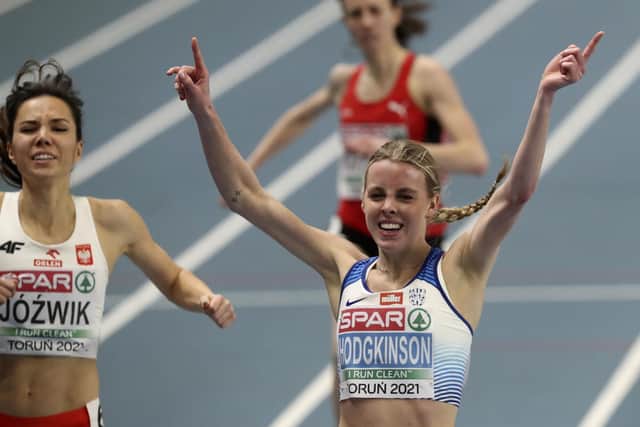 Keely Hodgkinson wins the 800m final in the European Indoor Athletics Championships in Poland in March. Picture: AP