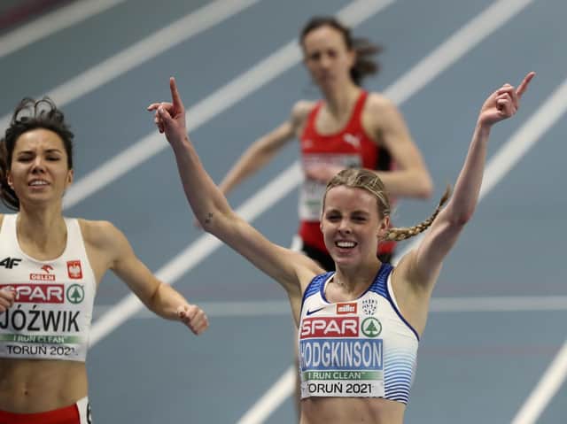 Keely Hodgkinson wins the 800m final in the European Indoor Athletics Championships in Poland in March. Picture: AP
