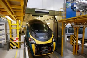 A Pendolino train at Alstom's new depot in Widnes, Cheshire