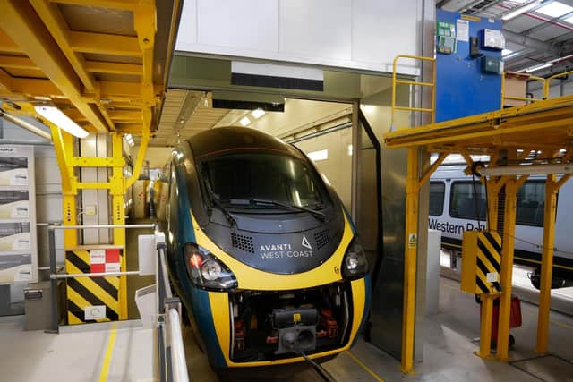 A Pendolino train at Alstom's new depot in Widnes, Cheshire