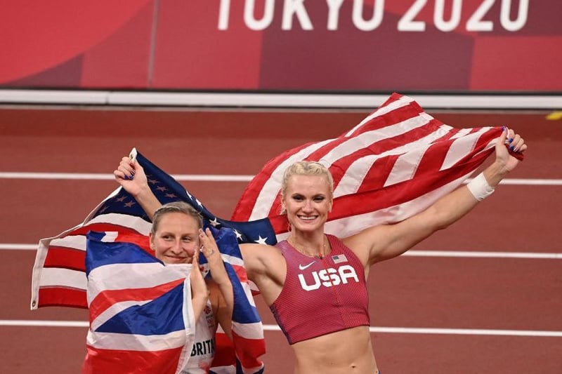 Bronze medallist Britain's Holly Bradshaw and gold medallist USA's Katie Nageotte (right) celebrate