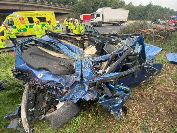 Three people have been hospitalised after a car and a lorry collided on the M6. (Credit: Knutsford Fire Station)