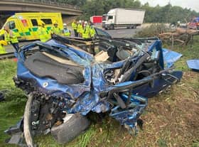 Three people have been hospitalised after a car and a lorry collided on the M6. (Credit: Knutsford Fire Station)