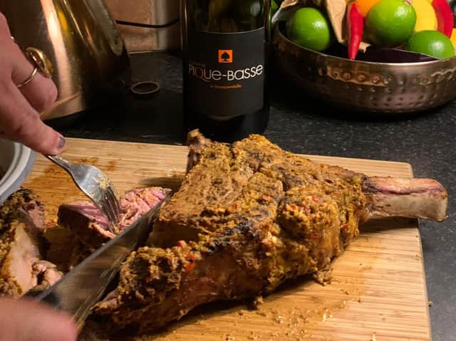 Carving the Tandoori Cote de Boeuf as part of the Côtes du Rhône evening at home