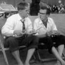 Eric Morecambe and Ernie Wise on the beach at Blackpool in 1953