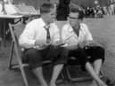 Eric Morecambe and Ernie Wise on the beach at Blackpool in 1953
