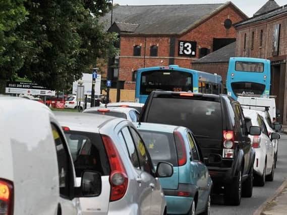A traffic jam on the road into Wigan town centre