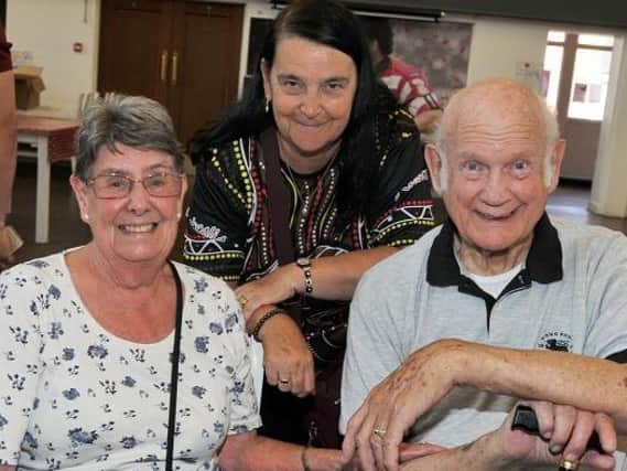 Former Wigan Warriors player Brian Larkin, right, with wife Joan, left, and Barbara Thompson secretary of Wigan Past Players’ Association at the Wigan Warriors Rugby Memories dementia group