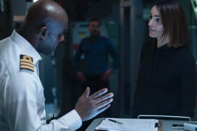 DCI Amy Silva (Suranne Jones) confronts Vigil's captain, Commander Neil Newsome (Paterson Joseph) in the new thriller from the BBC, Vigil