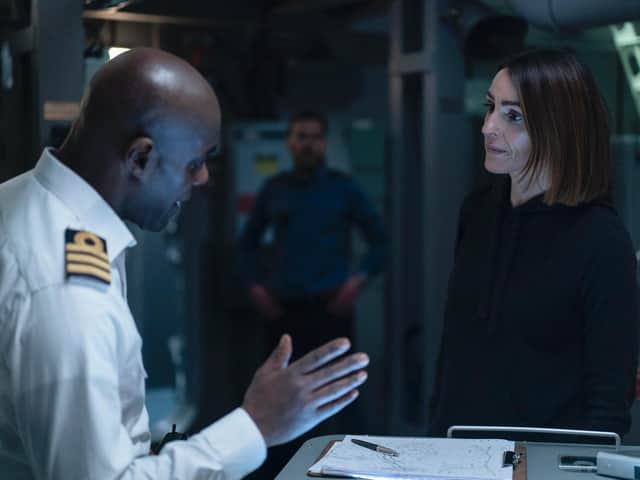 DCI Amy Silva (Suranne Jones) confronts Vigil's captain, Commander Neil Newsome (Paterson Joseph) in the new thriller from the BBC, Vigil
