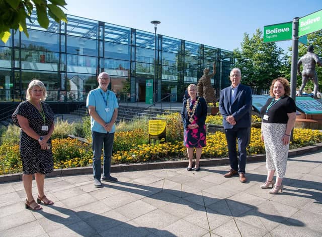 L-R: Alison McKenzie-Folan (CEO), Coun Keith Cunliffe (deputy leader), Coun David Molyneux (leader), Coun Yvonne Klieve (Mayor of Wigan borough), Prof Kate Ardern (director of public health in Wigan borough)