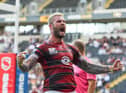 Zak Hardaker celebrates his try