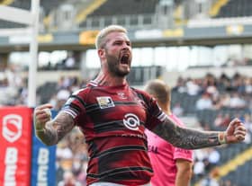Zak Hardaker celebrates a try at Hull FC on Saturday
