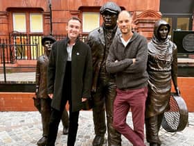 Glyn Wise and Luke Marsden at the miner's statue