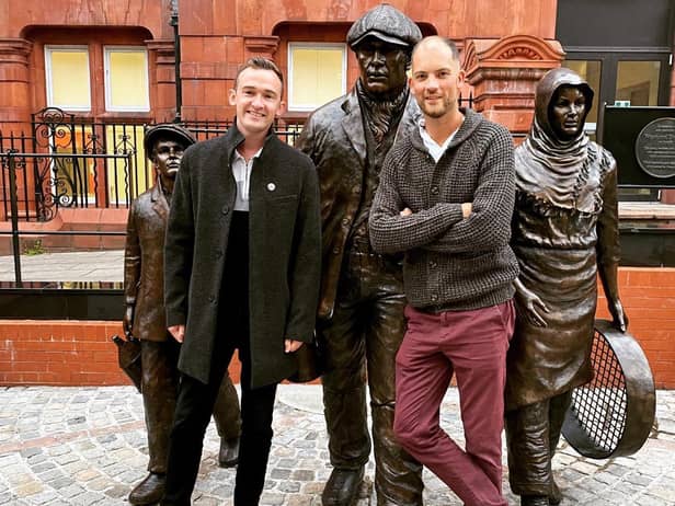 Glyn Wise and Luke Marsden at the miner's statue