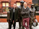 Glyn Wise and Luke Marsden at the miner's statue