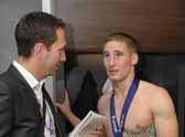 Phil Wilkinson interviews Sam Tomkins in the Wembley dressing room in 2011