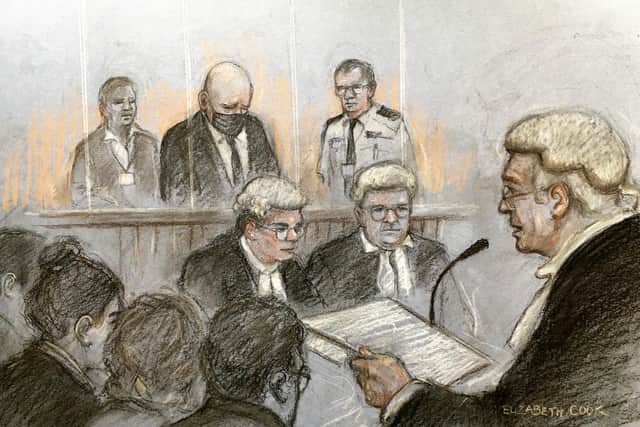 A sketch of the courtroom by Elizabeth Moss of Wayne Couzens receiving his whole life sentence for the murder of Sarah Everard