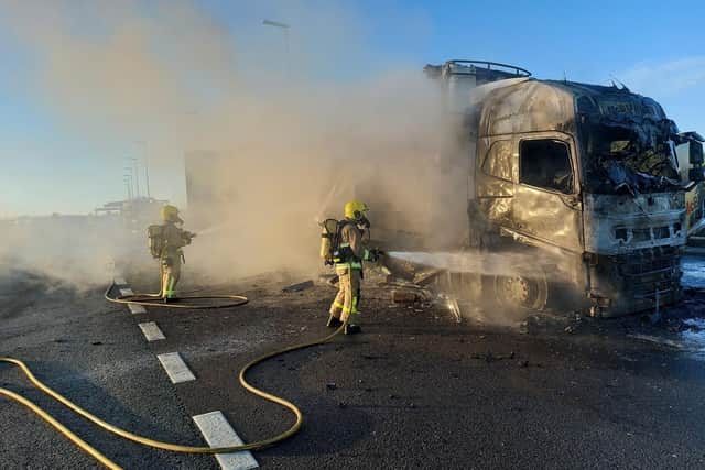 A lorry caught fire on the M6 between junctions 20 and 21 (Credit: North West Motorway Police)