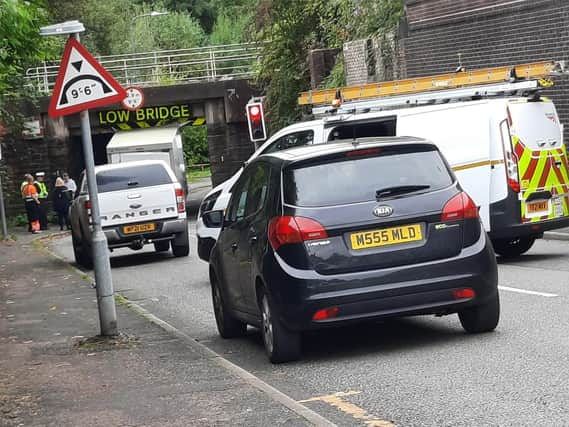 The lorry became stuck under the bridge