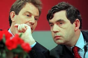 The subjects of a new BBC series Blair & Brown: The New Labour Revolution
pictured at a 1997 election campaign press conference (Johnny Eggitt/AFP/Getty)