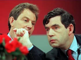 The subjects of a new BBC series Blair & Brown: The New Labour Revolution
pictured at a 1997 election campaign press conference (Johnny Eggitt/AFP/Getty)