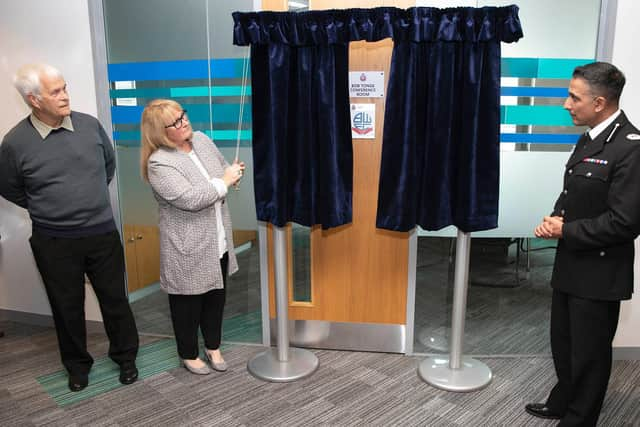 The Bob Tonge conference room is officially opened by his wife Diane, brother David and Assistant Chief Constable Mabs Hussain