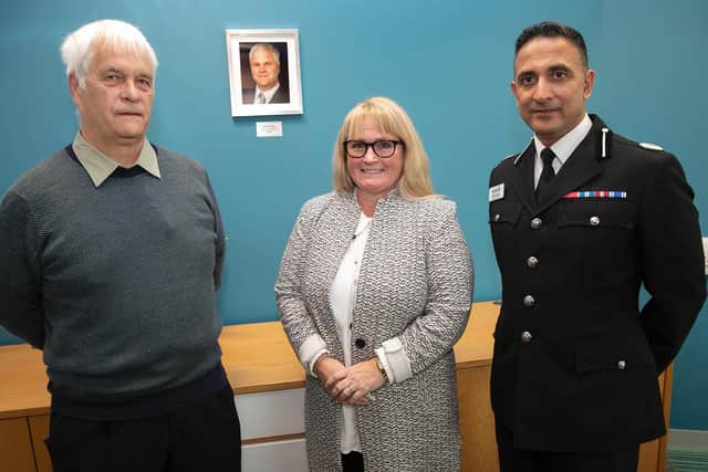 Bob Tonge's brother David and wife Diane in the renamed room with Assistant Chief Constable Mabs Hussain